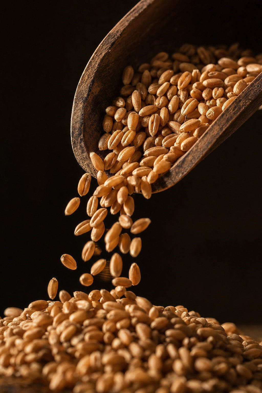 Organic wheat kernels spilling from a wooden scoop